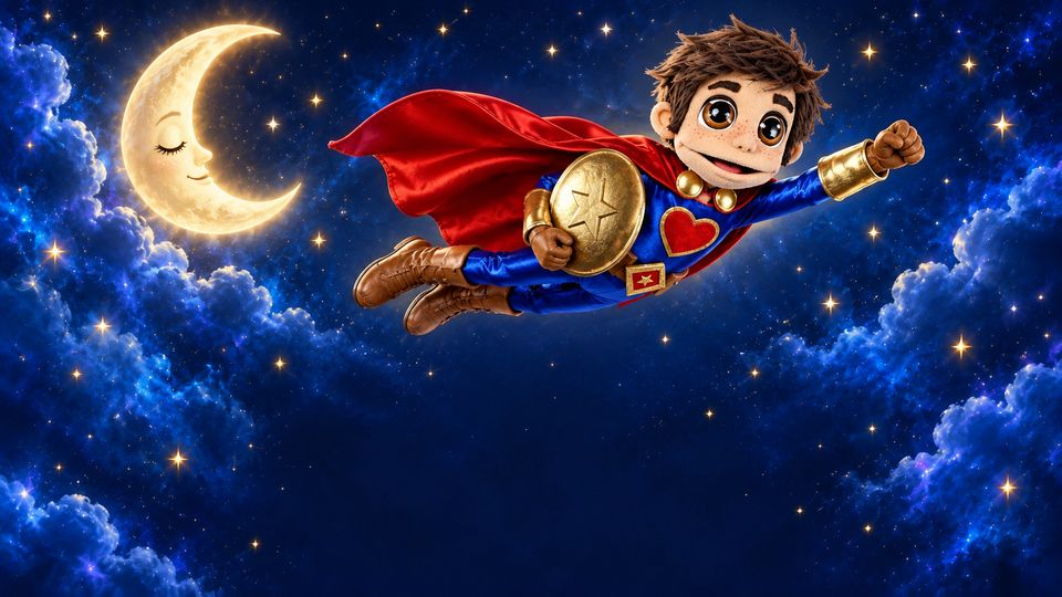 Capitan Coraggio vola nel cielo stellato accanto alla luna